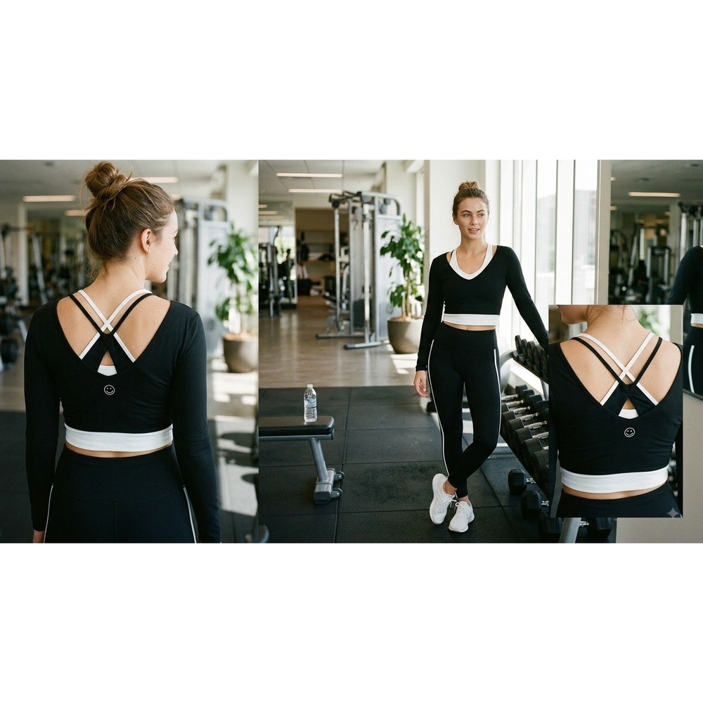 Gilly Hicks Active Boost Long Sleeve Crop Top Black White Cross Back Small - Picture 1 of 5